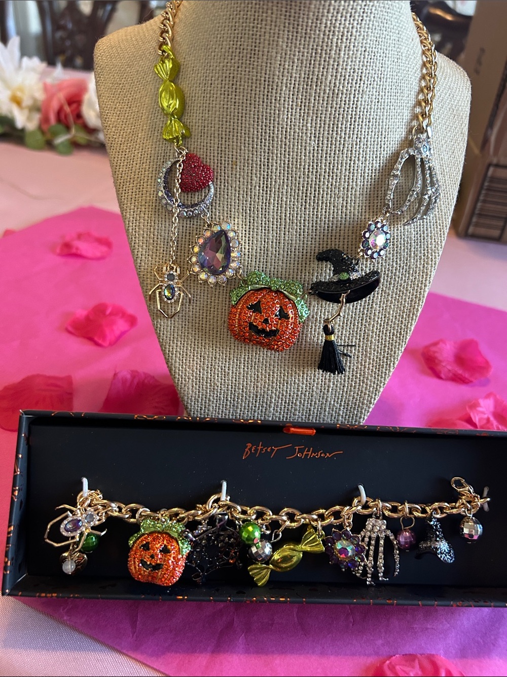 Betsey Johnson Orange Pumpkin Bracelet &Multicolor Halloween Charm Necklace
